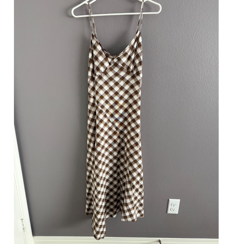 Old Navy Brown Plaid Fit & Flare Tie-Back Asymmetrical Midi Dress Like N E W